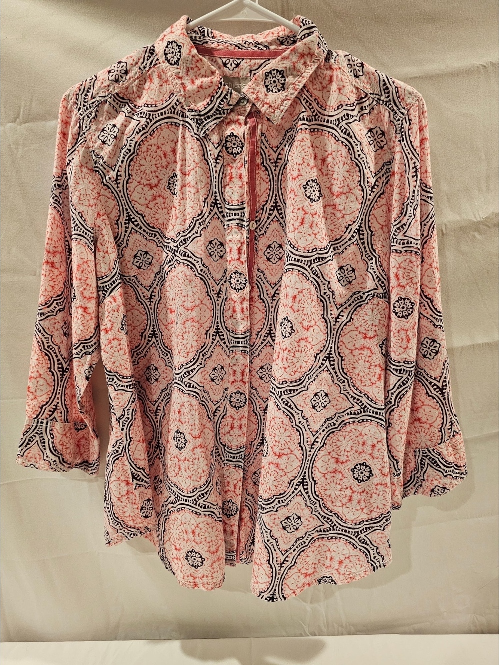 Chico's Women's Button-Up Blouse Size 1 Pink and Black Patterned Cotton